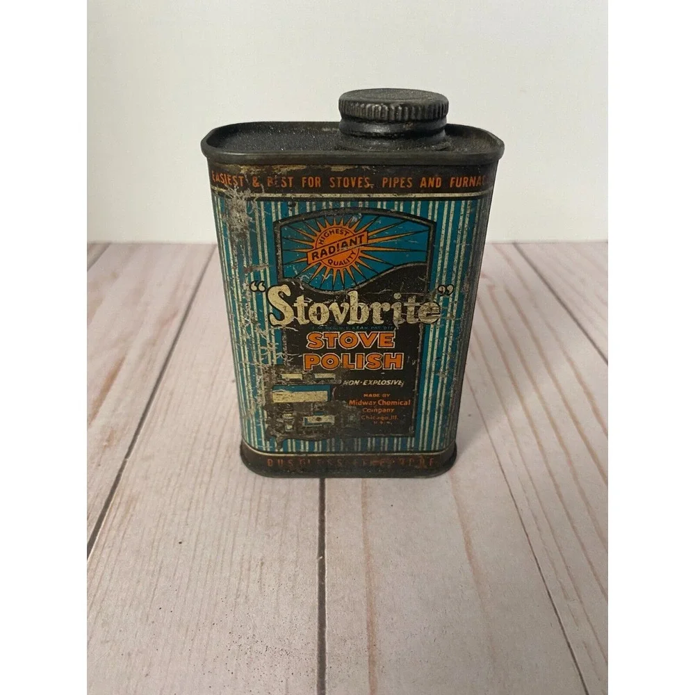 Vintage Stovbrite Stove Polish Can Midway Chemical Company Chicago Tin Advertise